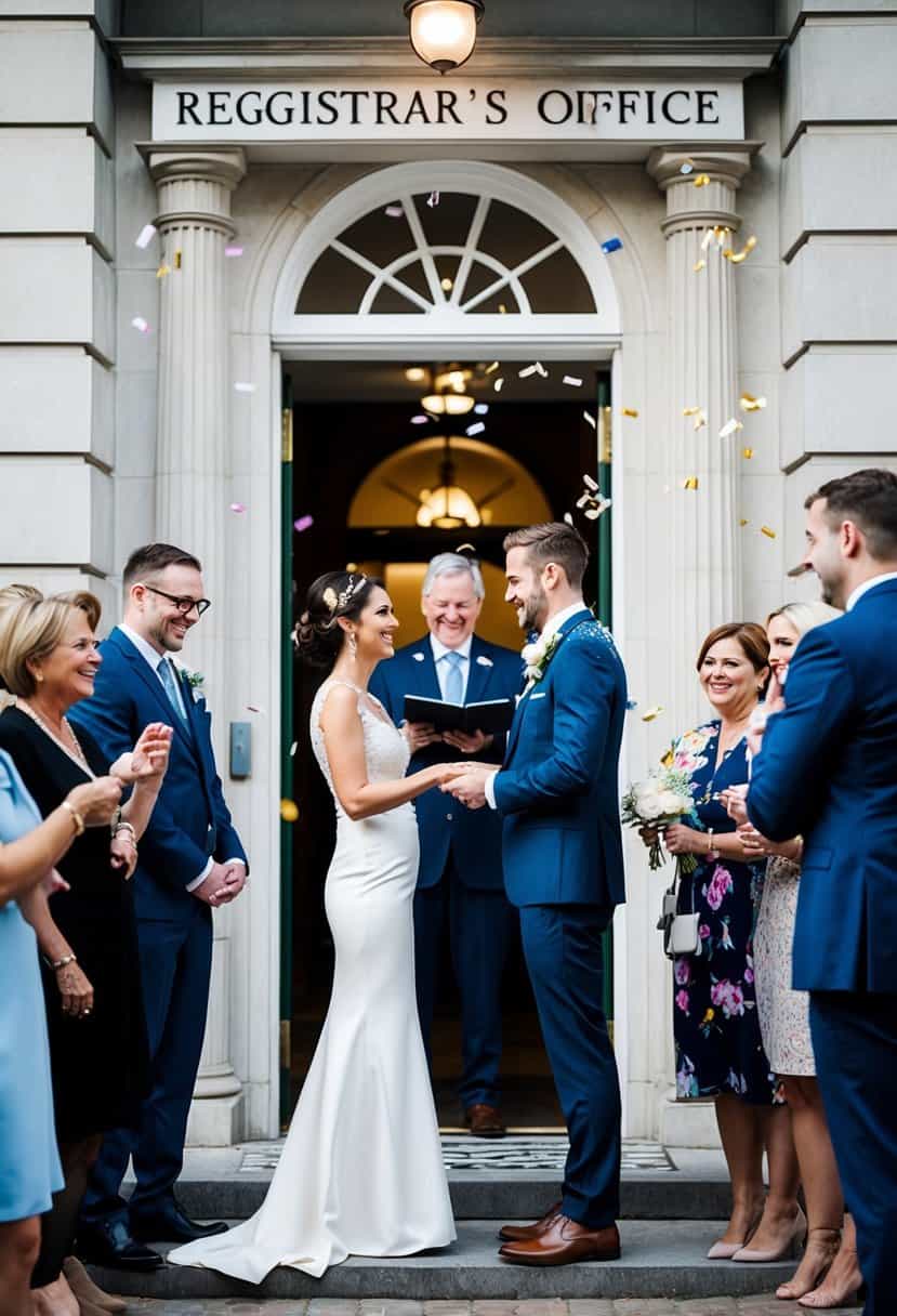 A couple stands in front of a registrar's office, exchanging vows as onlookers smile and throw confetti