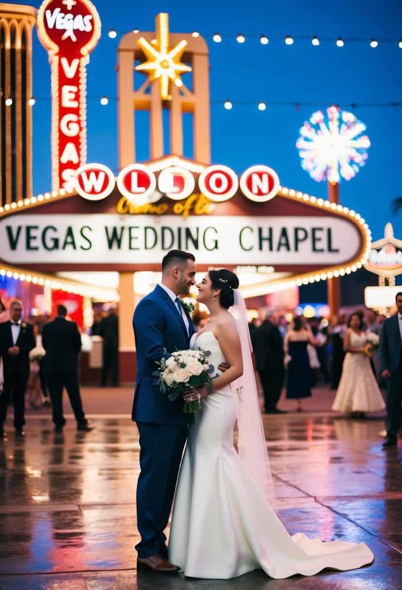 A couple stands in front of a quaint Vegas wedding chapel, surrounded by bright lights and bustling crowds