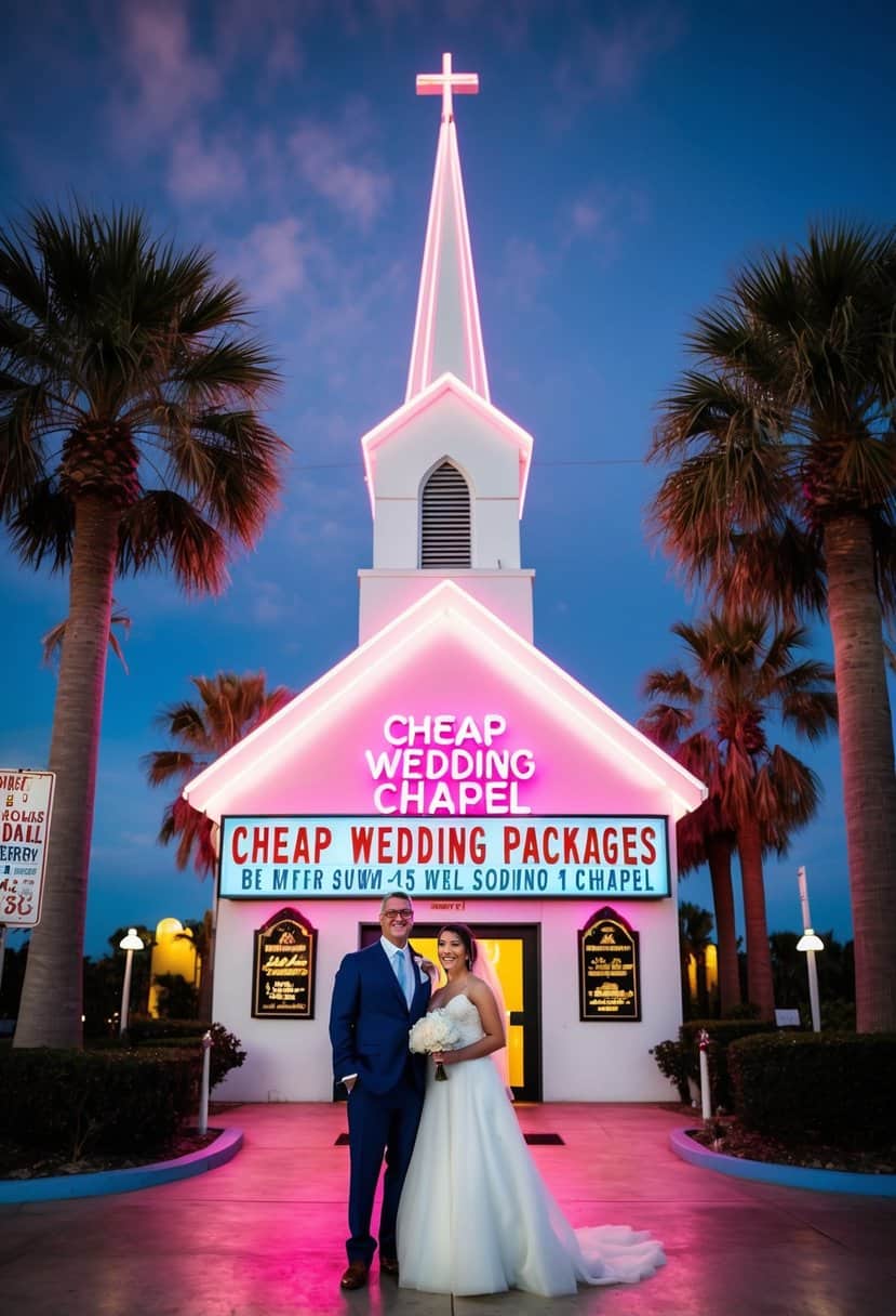 A couple stands in front of a neon-lit wedding chapel, surrounded by palm trees and flashing lights. A sign advertises cheap wedding packages