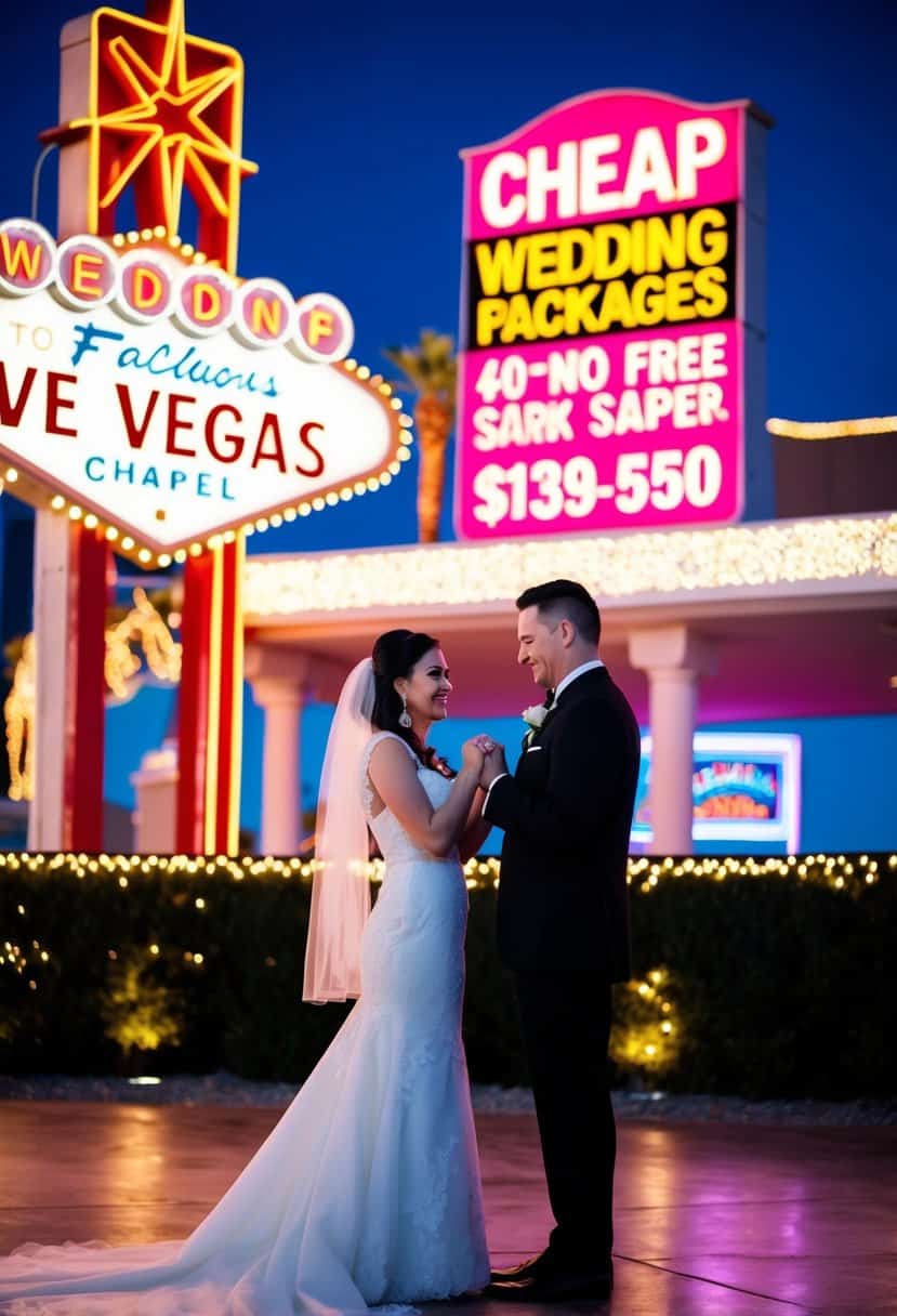 A couple exchanging vows in front of a Vegas wedding chapel, with bright neon lights and a flashy sign advertising cheap wedding packages