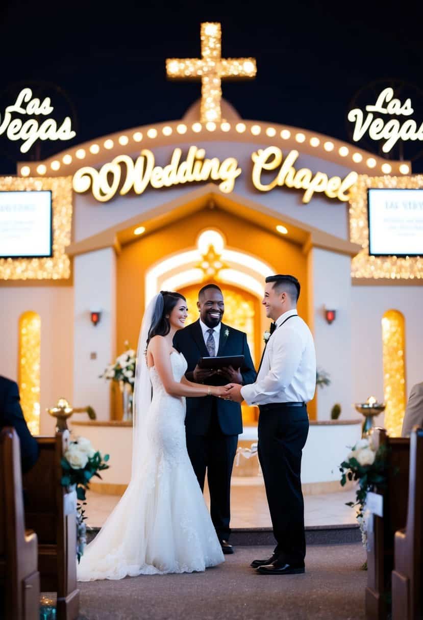 A couple stands at a Las Vegas wedding chapel, surrounded by bright lights and glittering signs. A smiling officiant greets them, ready to make their ceremony stress-free