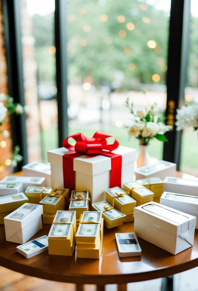 A wedding gift table with various denominations of cash and gift cards