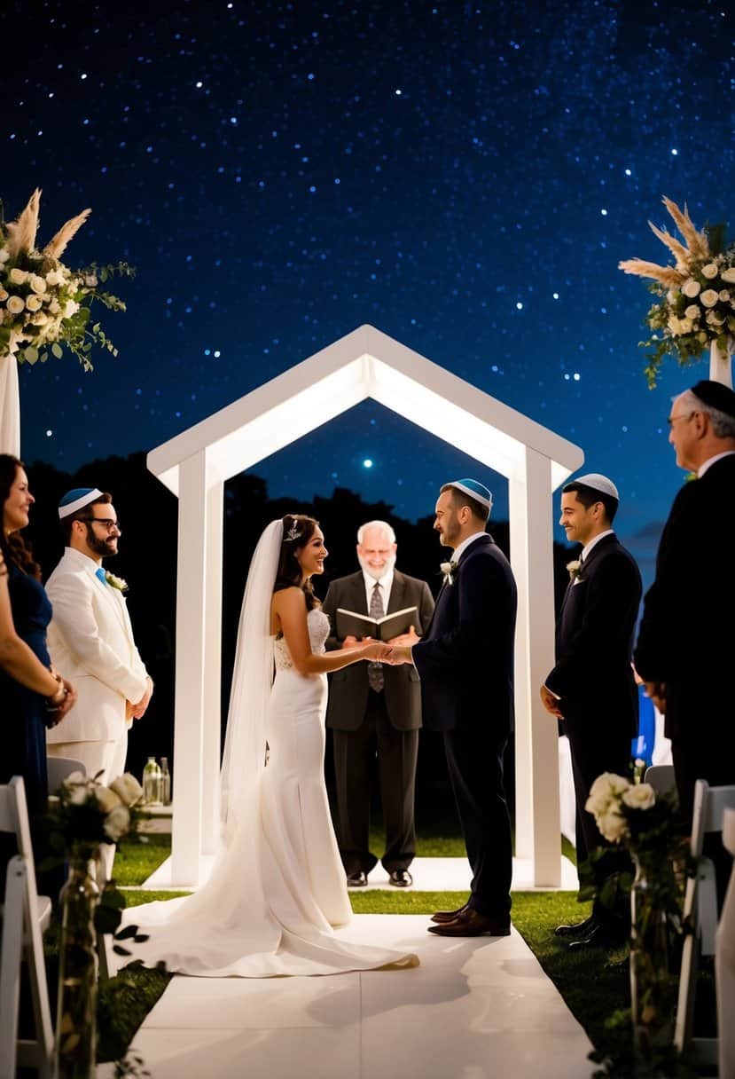 A Jewish wedding ceremony taking place at night under a starry sky, with a chuppah and traditional symbols like a ketubah and wine