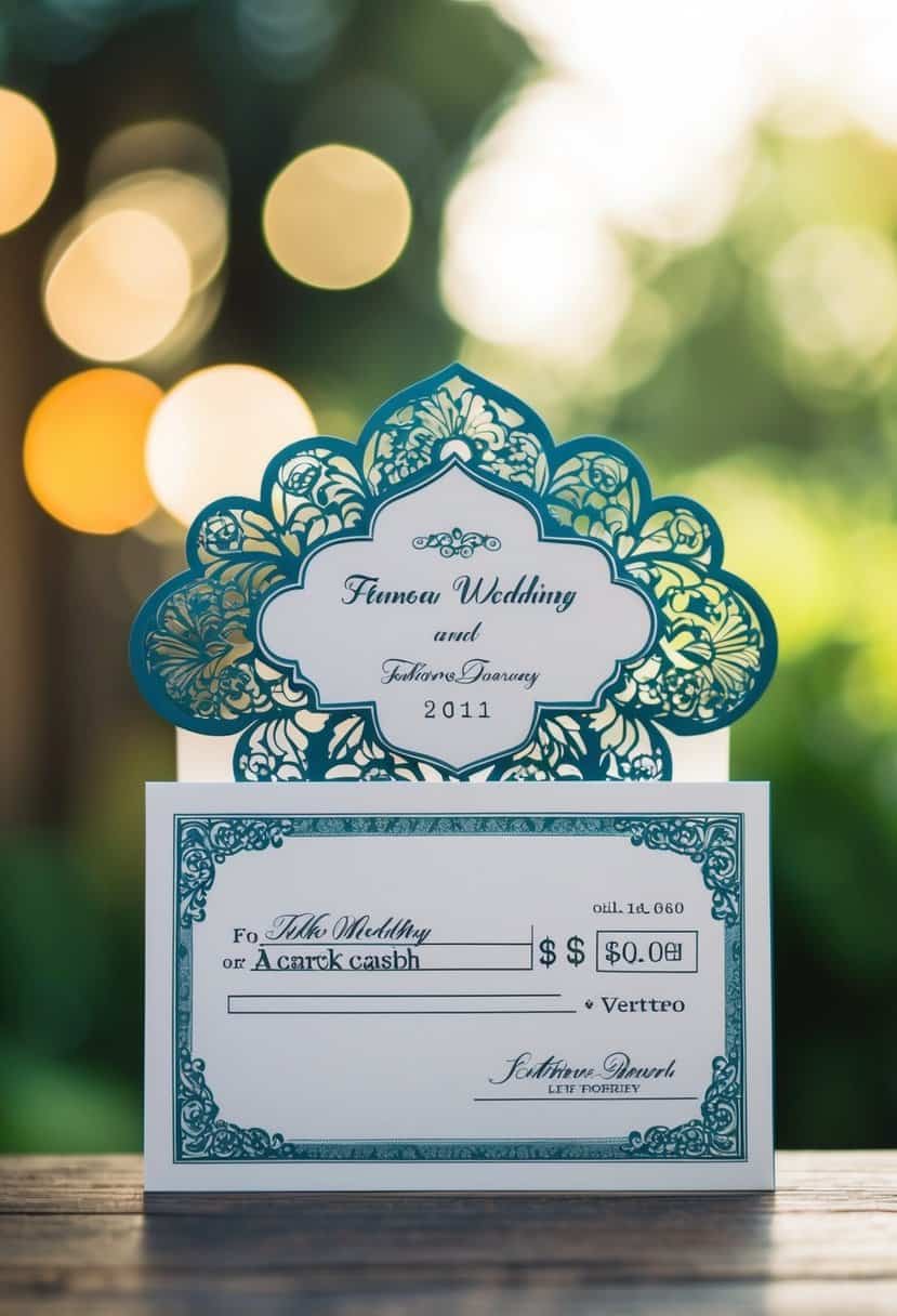 A decorative wedding card with a check or cash enclosed