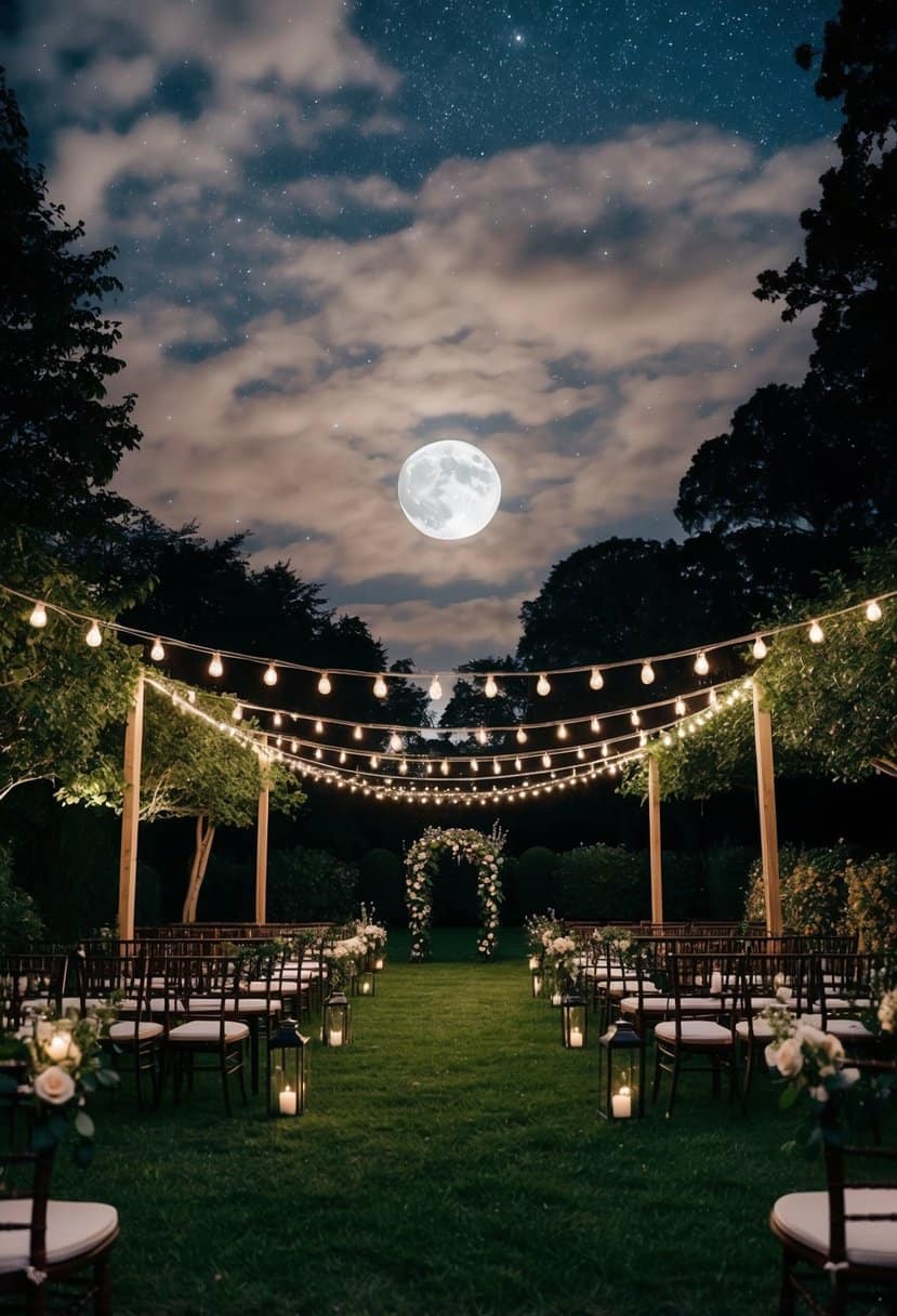 A moonlit garden wedding with twinkling lights and a starry sky