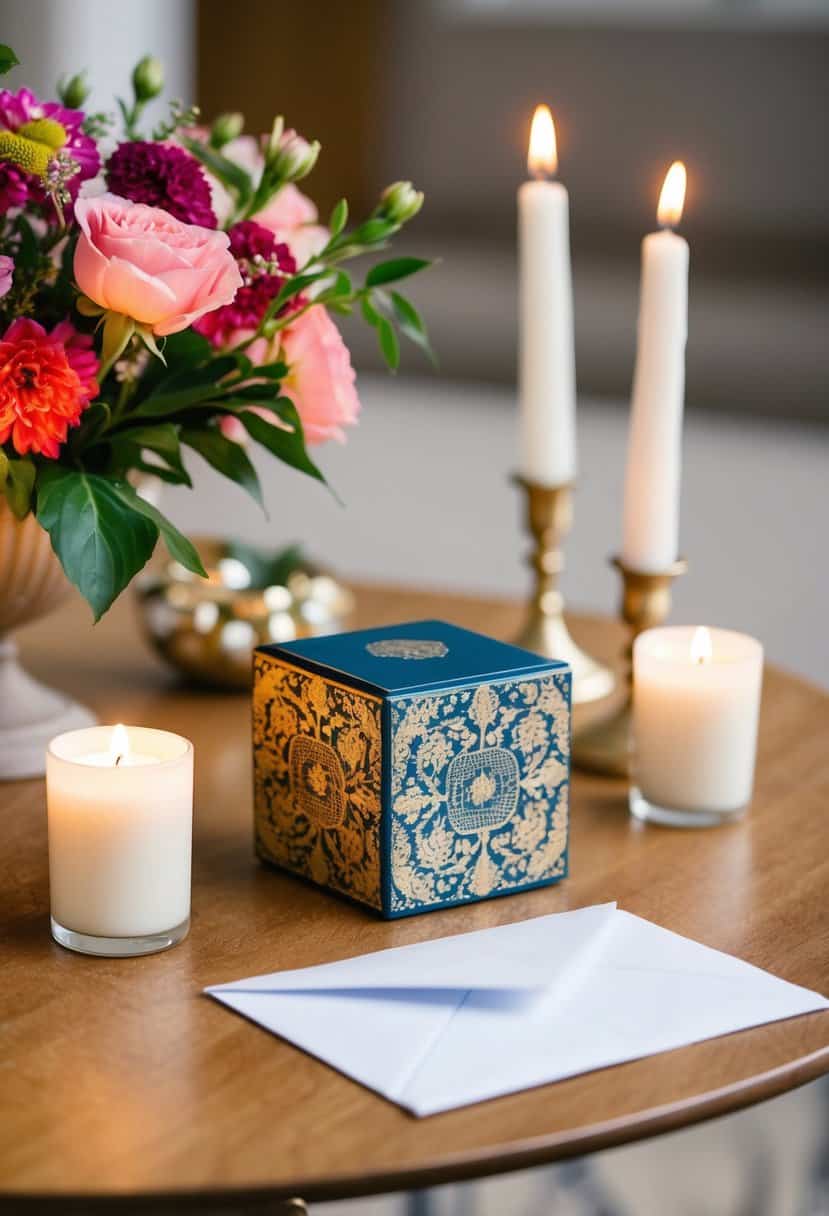 A table with a decorative box and an envelope, surrounded by flowers and candles