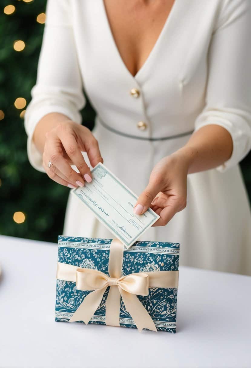 A woman placing a check or cash into a decorative envelope and sealing it with a ribbon, ready to be given as a wedding gift