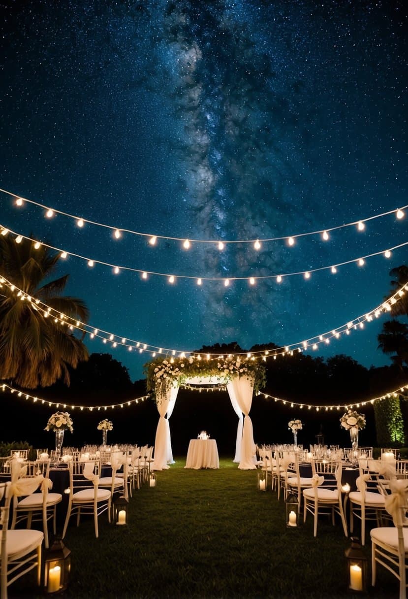 A starry night sky over a romantic outdoor wedding venue, with twinkling lights and elegant decor