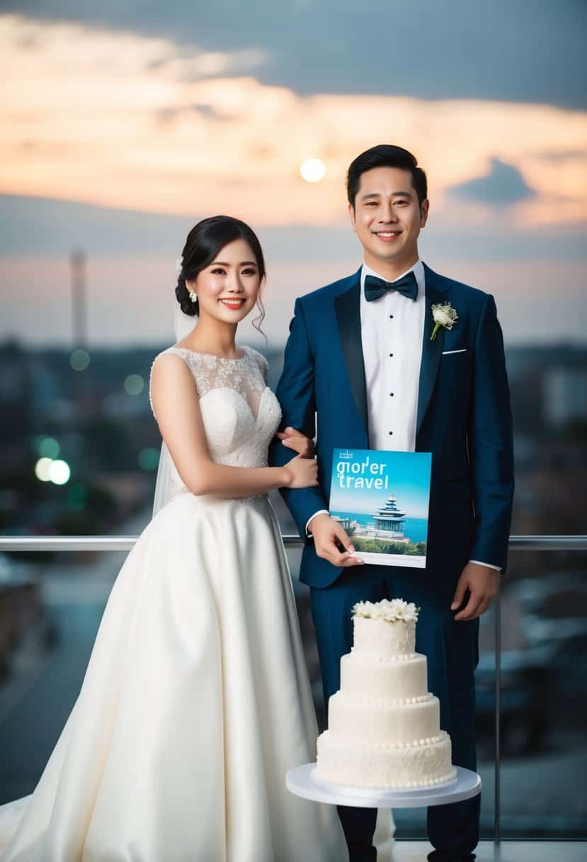 A bride and groom stand side by side, with a traditional wedding cake on one side and a modern travel brochure on the other