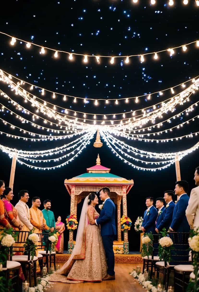 A nighttime wedding ceremony under a canopy of twinkling stars, with colorful cultural decorations and traditional music