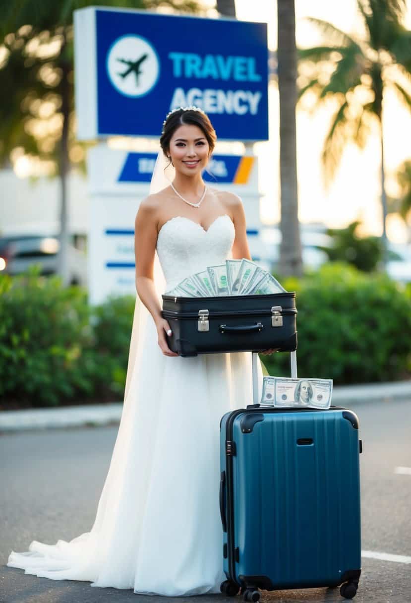 A bride holding a suitcase filled with money, standing next to a travel agency sign