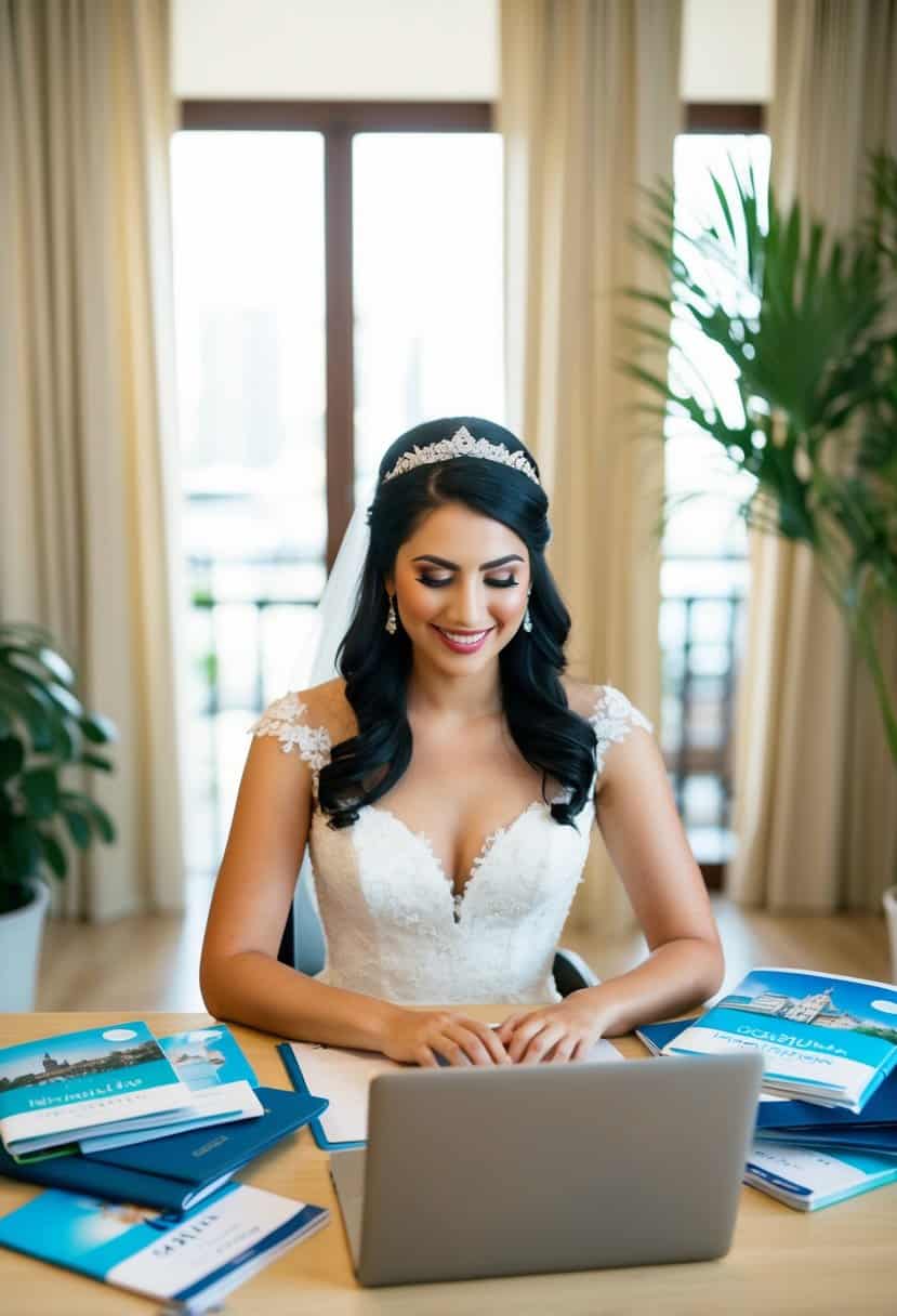 A bride sitting at a desk, surrounded by travel brochures and a laptop, calculating honeymoon expenses