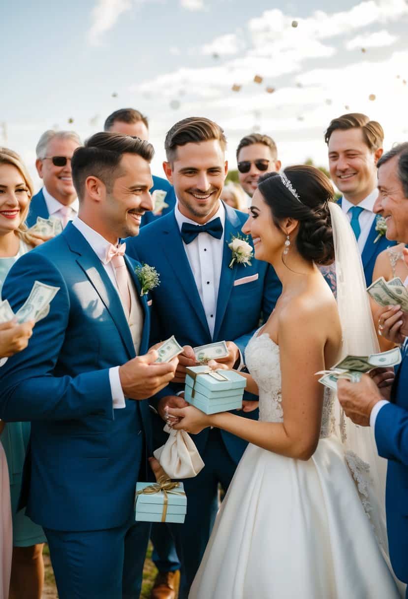 A bride and groom surrounded by friends and family at a bridal event, receiving monetary gifts and well wishes for their wedding and honeymoon