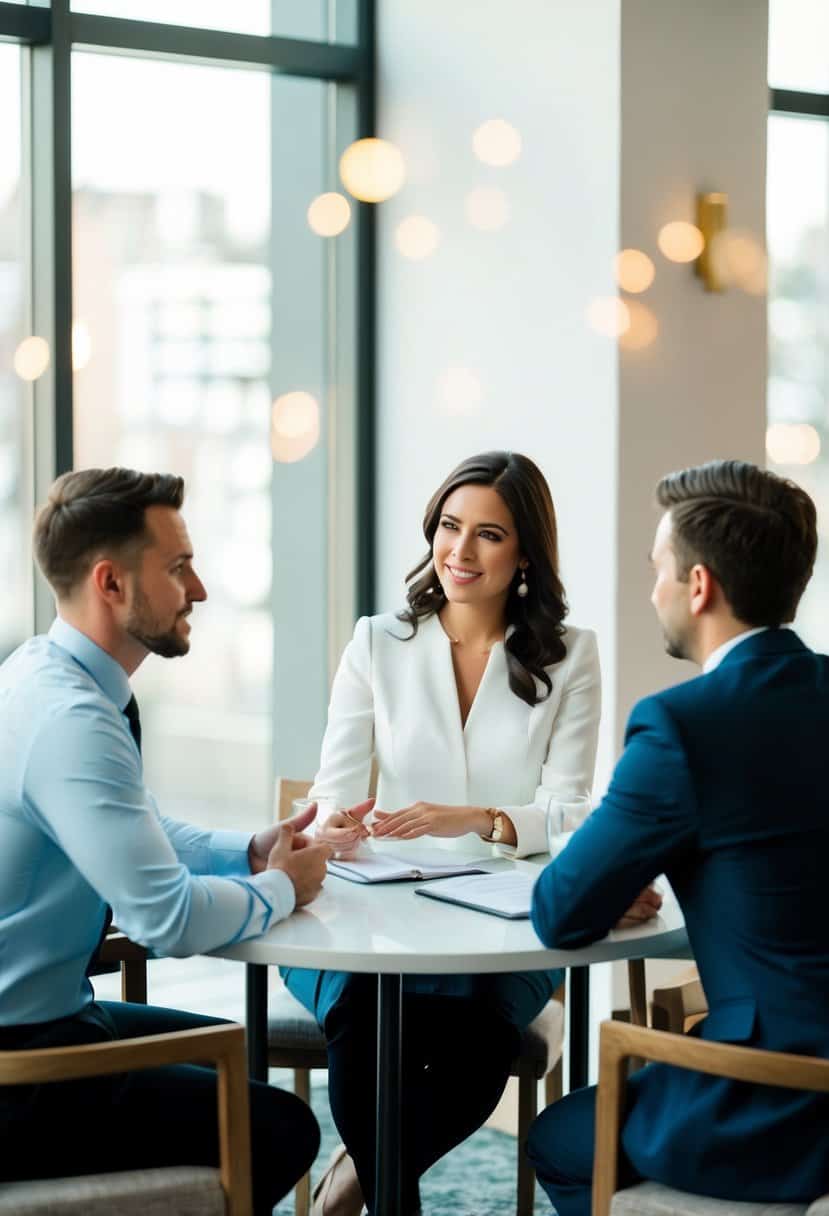 A couple sitting at a table with a wedding planner, discussing finances and budgeting for their wedding