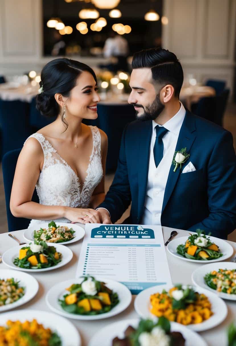 A couple sits at a table with a spread of venue and catering options, discussing and comparing prices and services