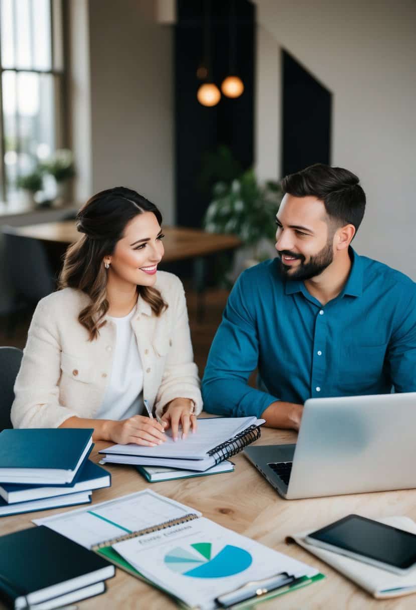 A couple sitting at a table, surrounded by wedding planning books, a laptop, and a spreadsheet, discussing budget allocations