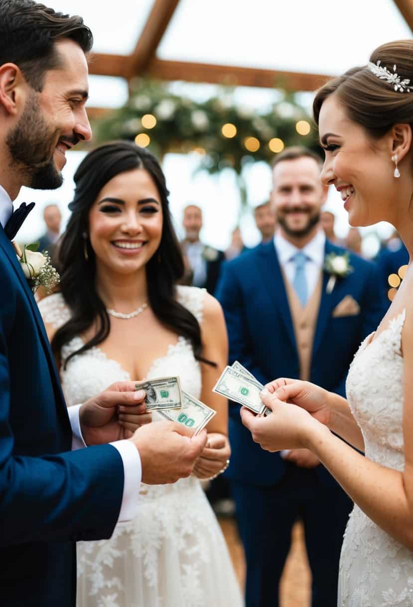 A couple exchanging money with another couple at a wedding venue