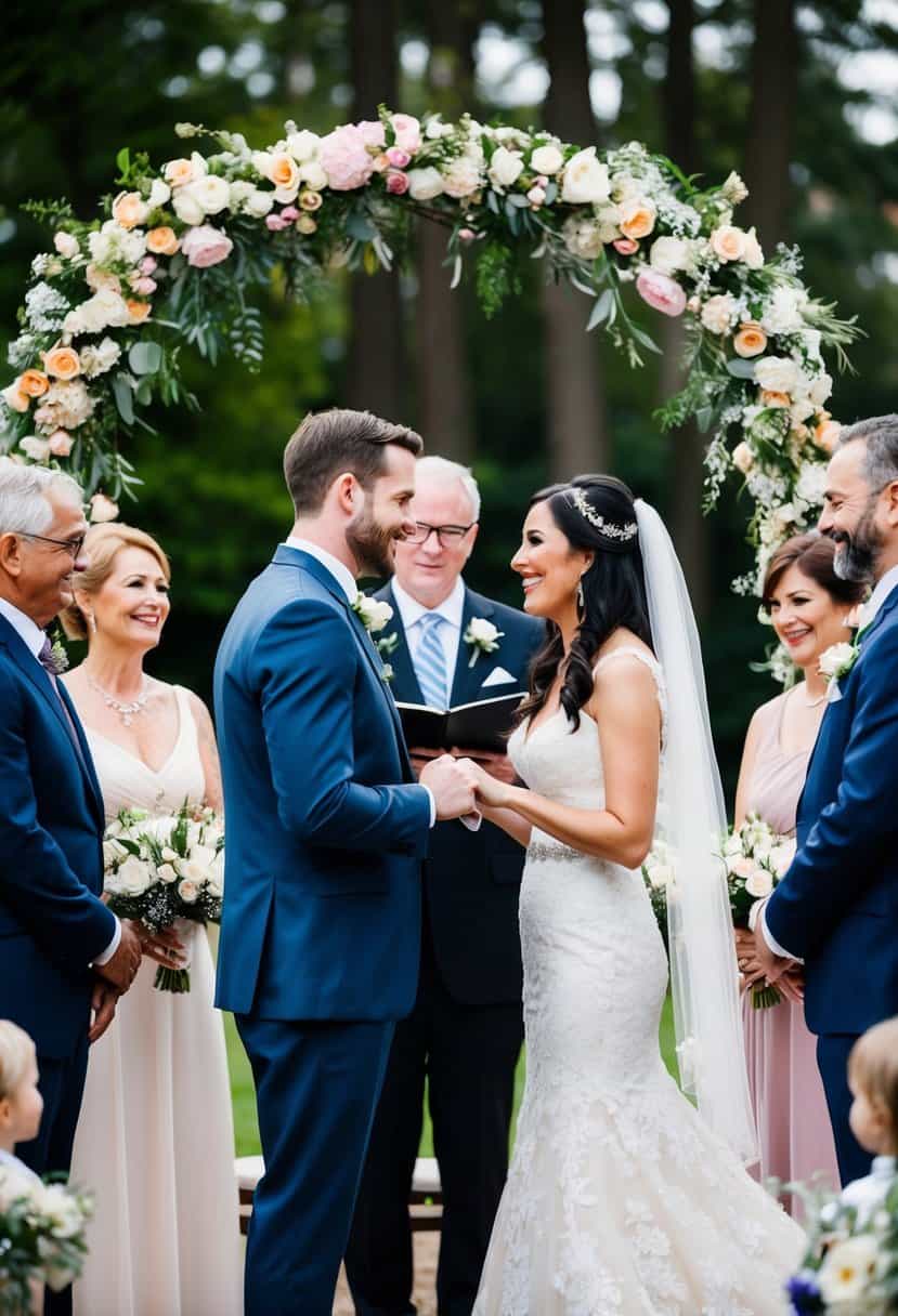 A couple exchanging vows, surrounded by family and friends. Flowers, decorations, and a wedding cake are visible