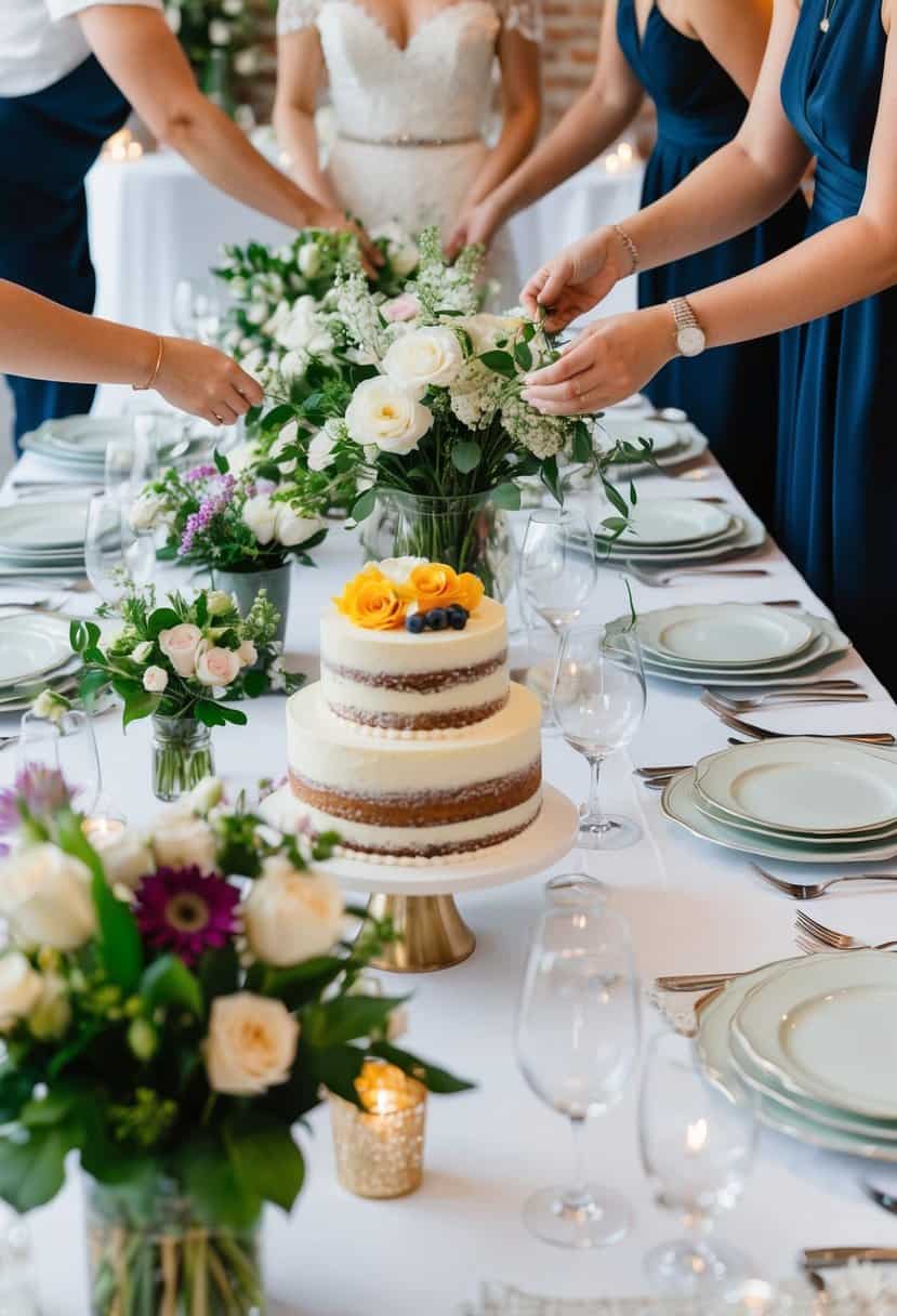 A table with various wedding items such as flowers, cake, and decorations being carefully arranged and organized