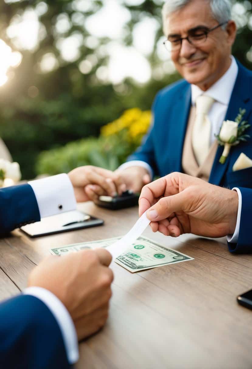 The groom's parents writing a check or handing over cash to contribute to the wedding expenses