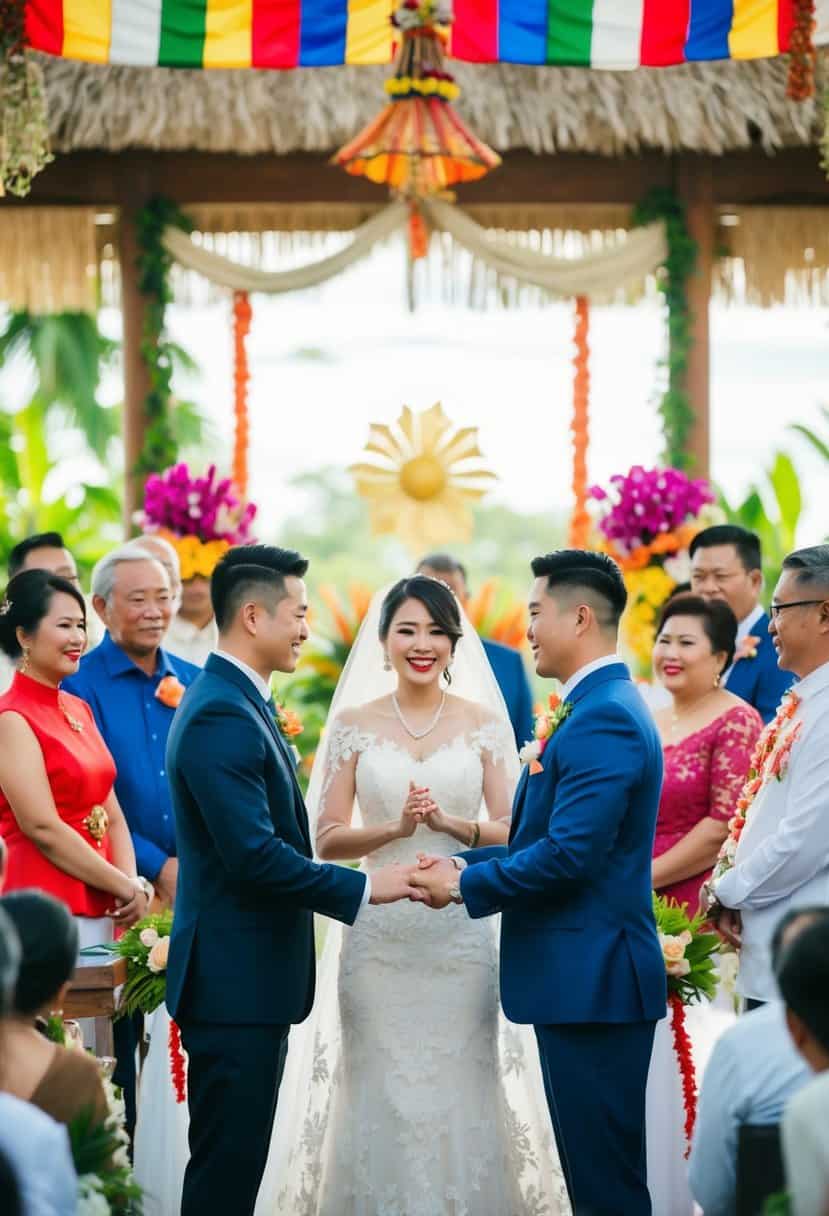 A bride and groom exchanging vows in a traditional Filipino wedding ceremony, surrounded by family and friends. The scene is filled with vibrant colors and cultural elements