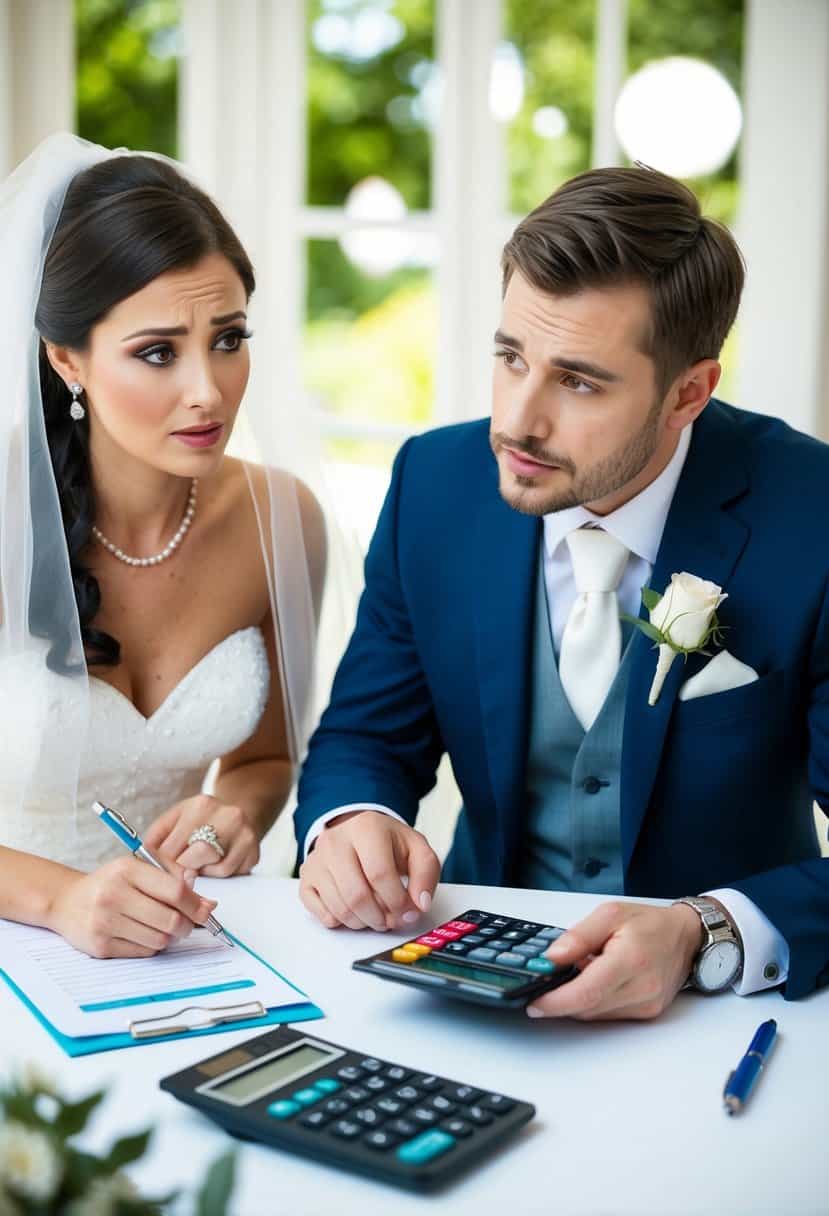 A bride and groom discussing wedding costs at a table with a calculator, pen, and paper. They look concerned as they try to budget for their big day