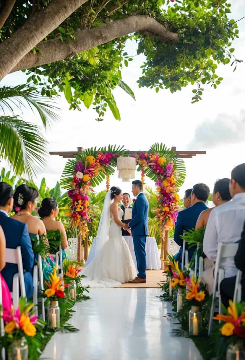 A vibrant outdoor wedding ceremony in the Philippines, with lush tropical foliage, colorful flowers, and traditional decor