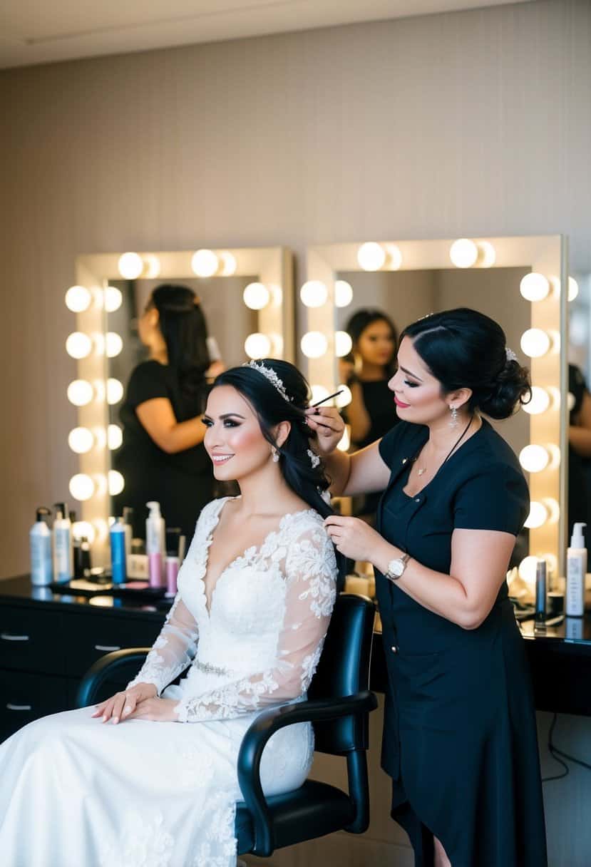 A bride sits in a chair while a makeup artist and hairstylist work on her, surrounded by mirrors and beauty products