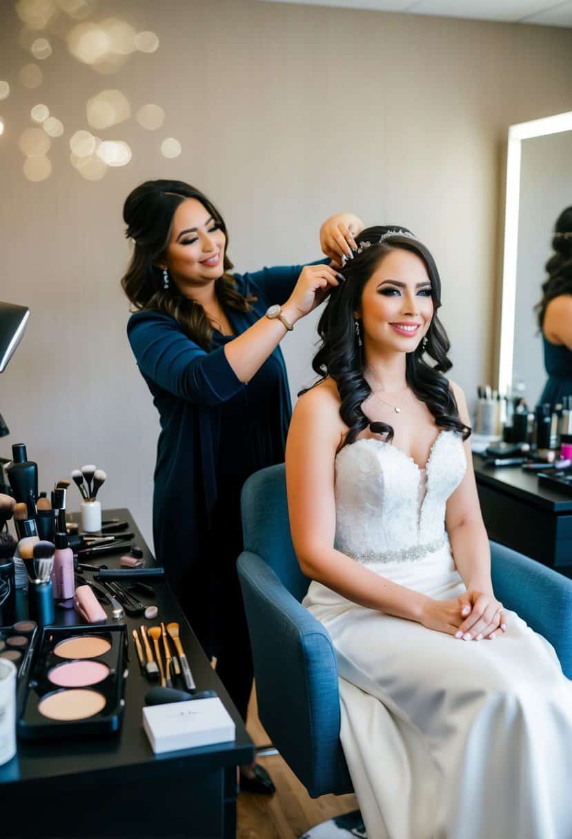 A bride sitting in a chair, surrounded by makeup and hairstyling tools, with a stylist working on her hair and makeup