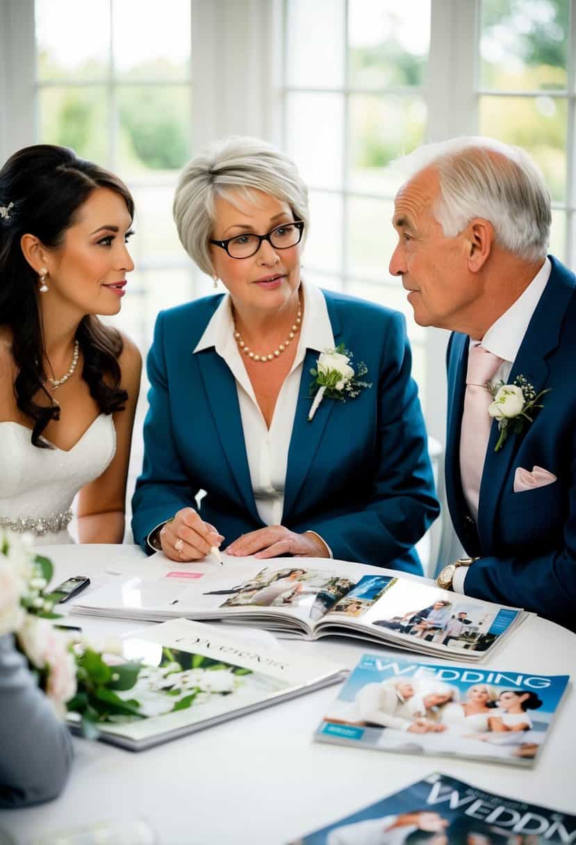 A bride's parents discussing wedding plans with a second wedding in mind. They are seated at a table with a planner and various wedding magazines spread out in front of them