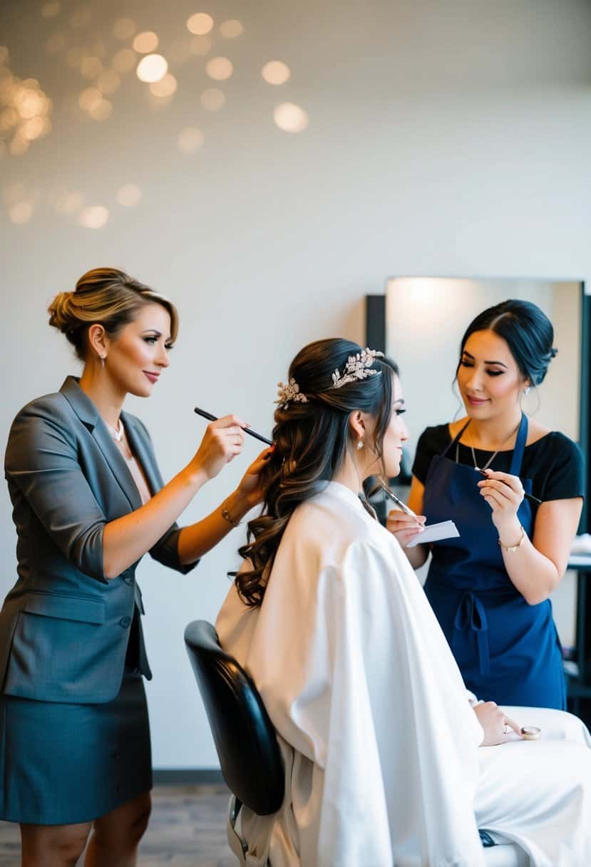 A bride sits in a chair while a hairstylist and makeup artist work on her. A budget planner looks on, taking notes