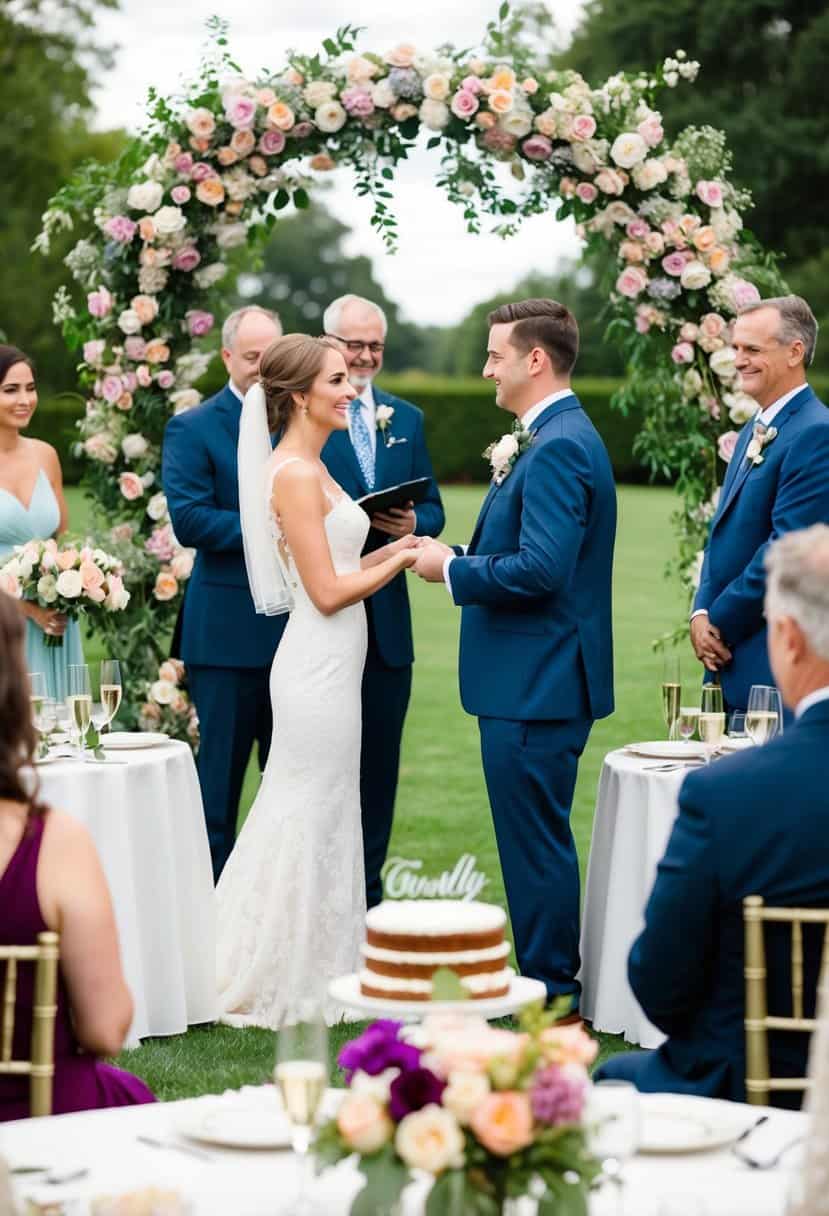 A couple exchanging vows under a floral arch, surrounded by family and friends. Tables set for a reception with a cake and champagne