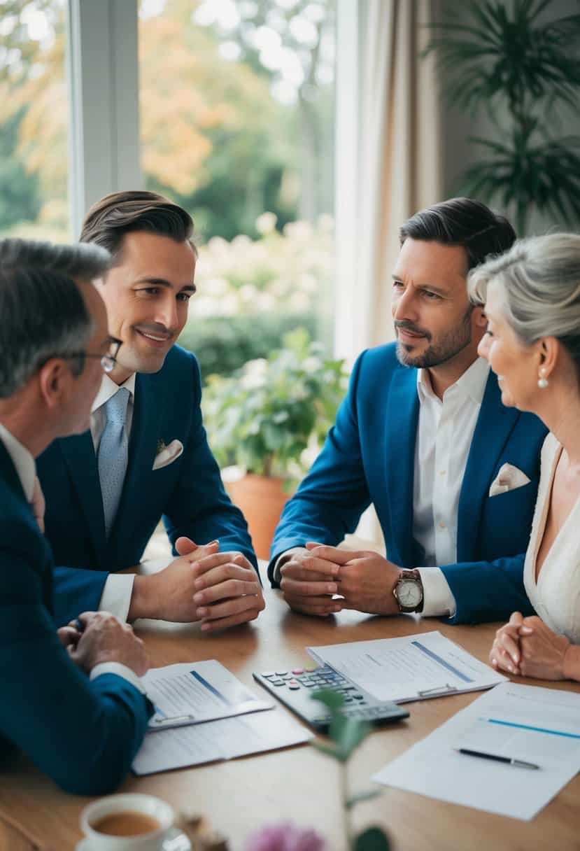 A couple and their parents discussing wedding finances at a dining table