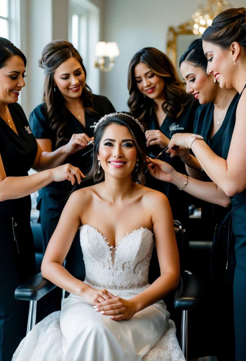 A bride sitting in a chair, surrounded by hairstylists and makeup artists working on her, with a serene and joyful expression on her face