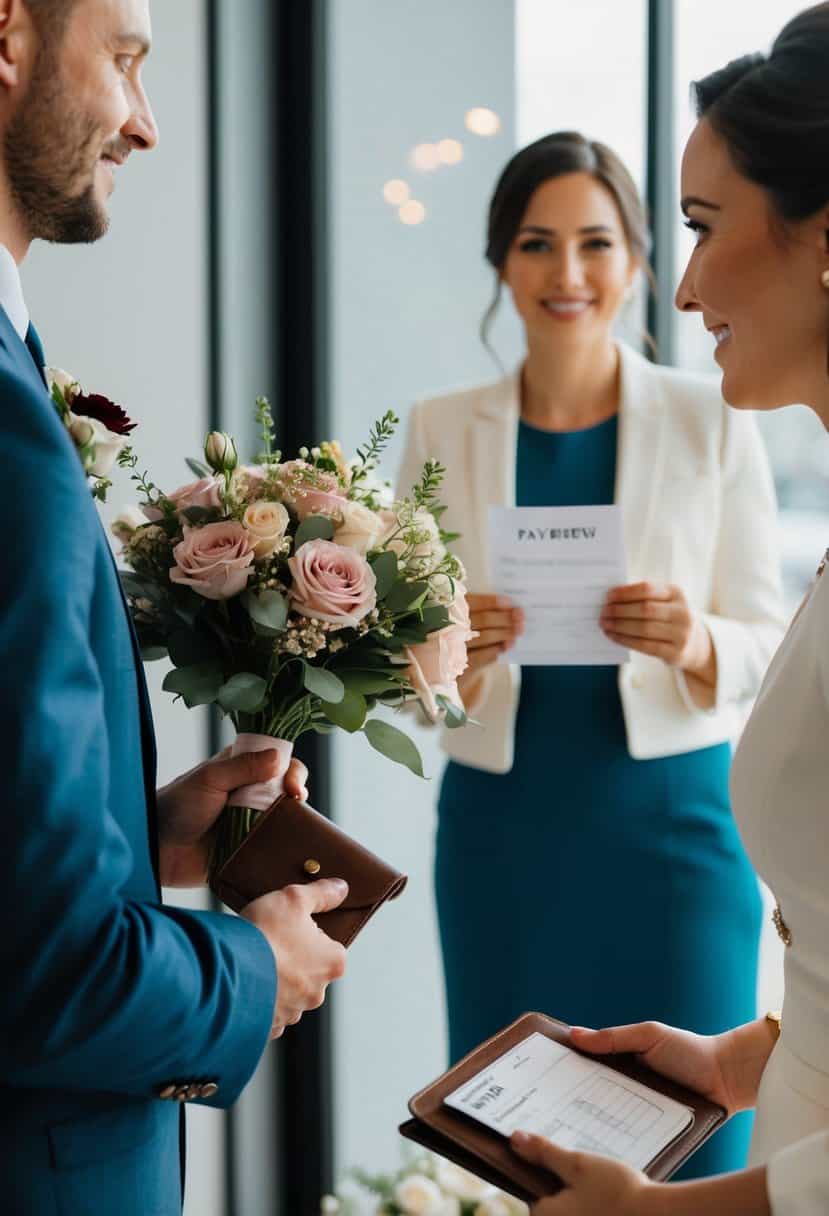 A groom holding a bouquet of flowers and a bride holding a wallet, standing in front of a wedding planner with a payment invoice