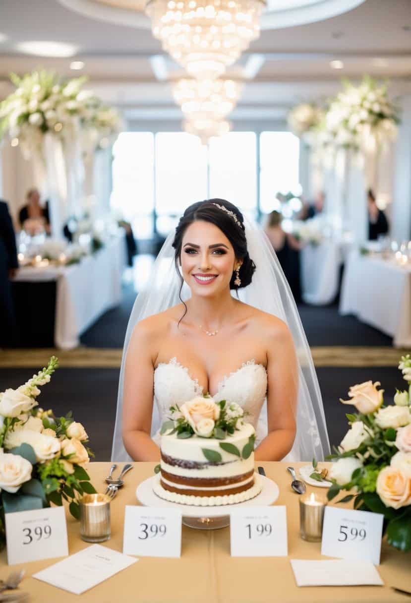 A bride sitting at a table surrounded by wedding elements such as flowers, cake, and invitations, with price tags displayed next to each item