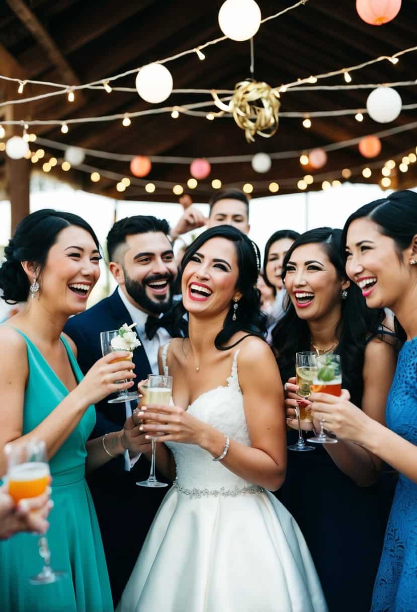 A bride happily surrounded by friends at a pre-wedding event. A joyful celebration with decorations and drinks