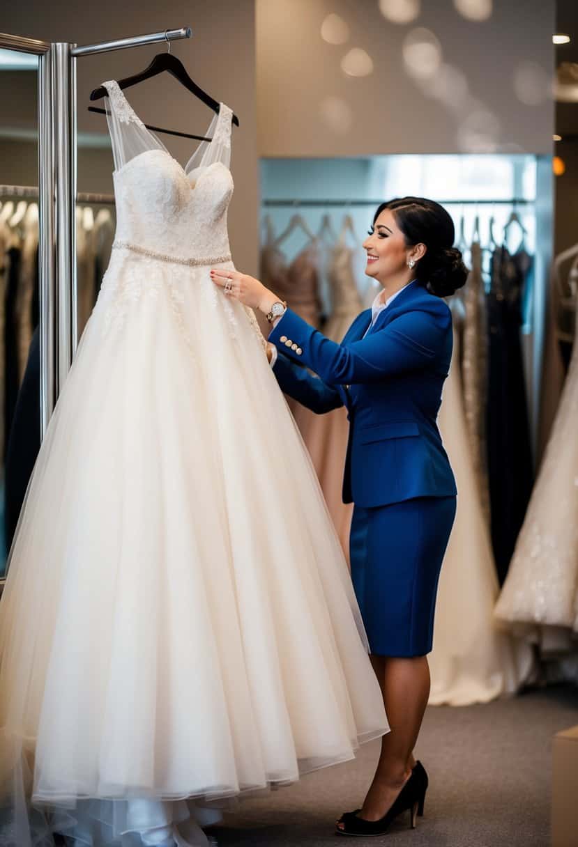 A wedding gown being purchased at a boutique, with a salesperson assisting the buyer in choosing the perfect dress