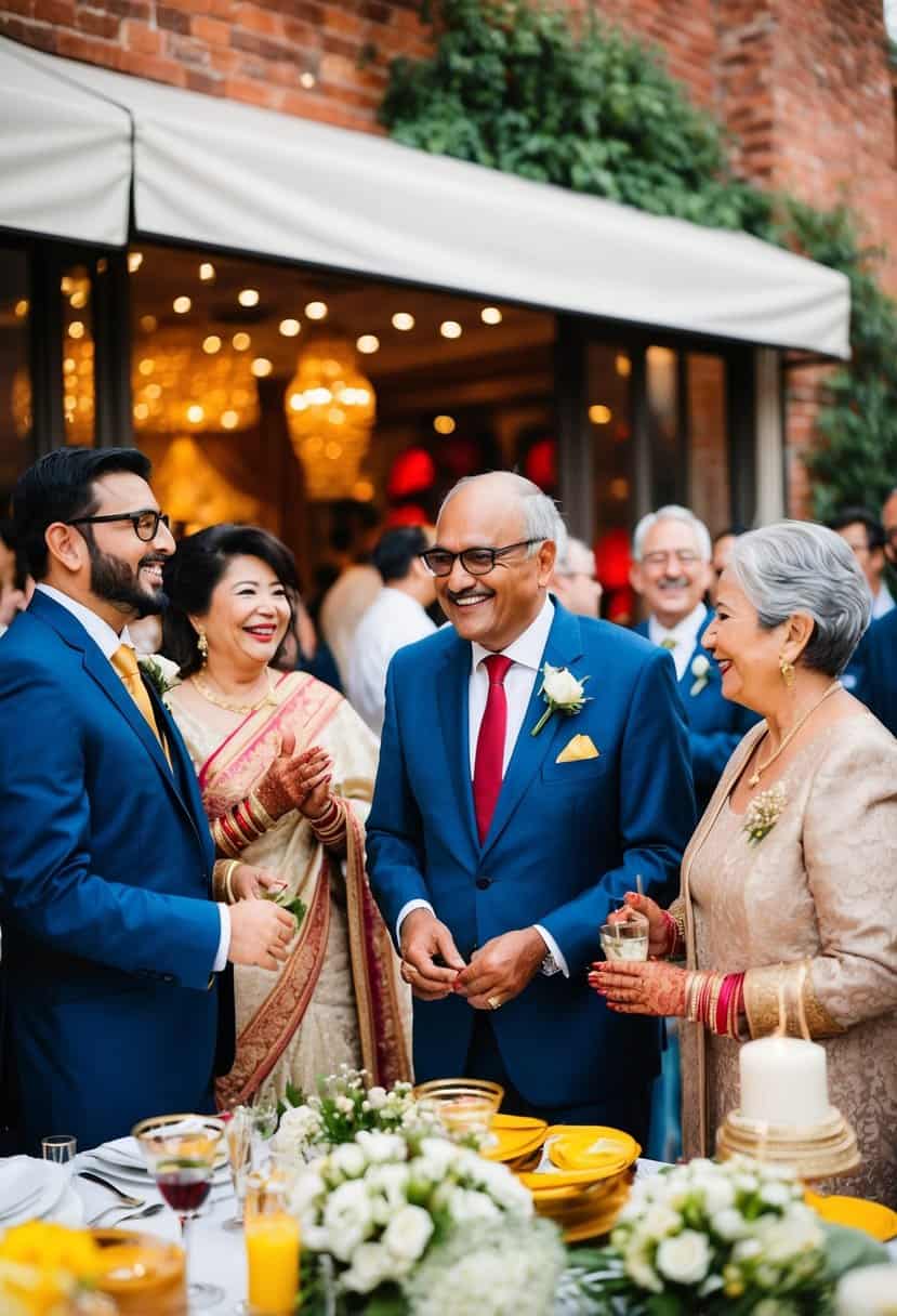 The groom's parents hosting a lively pre-wedding event, overseeing arrangements and welcoming guests with warmth and hospitality