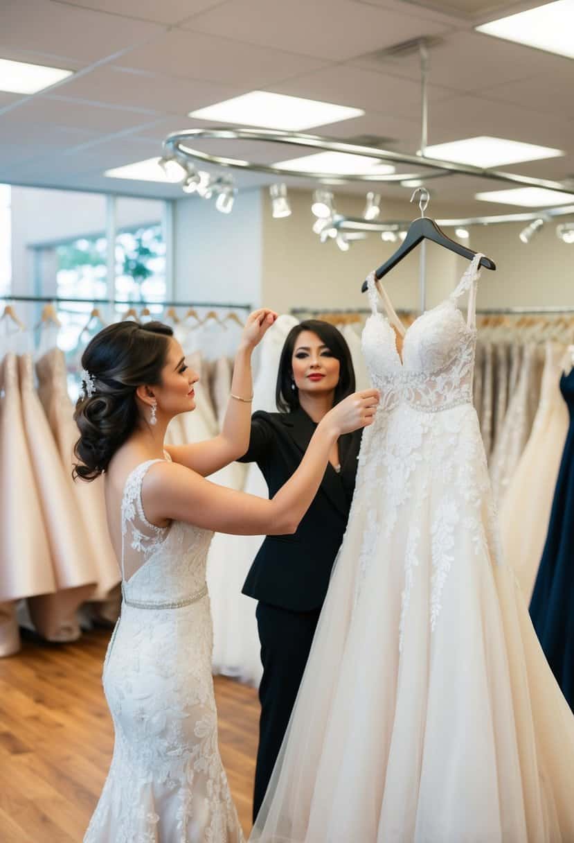 A woman in a bridal shop, surrounded by elegant gowns. A salesperson holds up a stunning dress while the bride-to-be looks on with anticipation