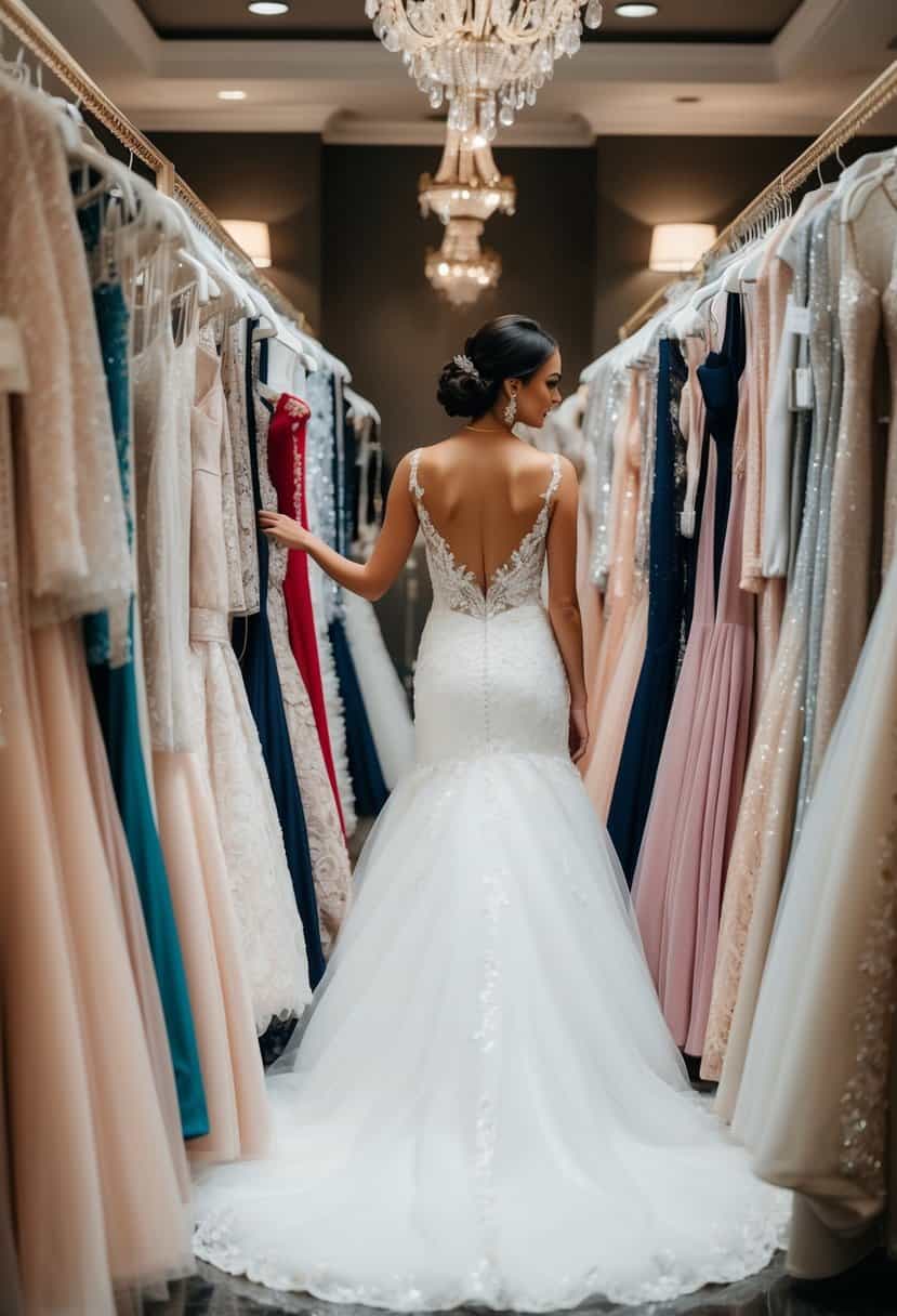 A woman browsing through various wedding gowns in a luxurious bridal boutique, surrounded by racks of elegant dresses and accessories