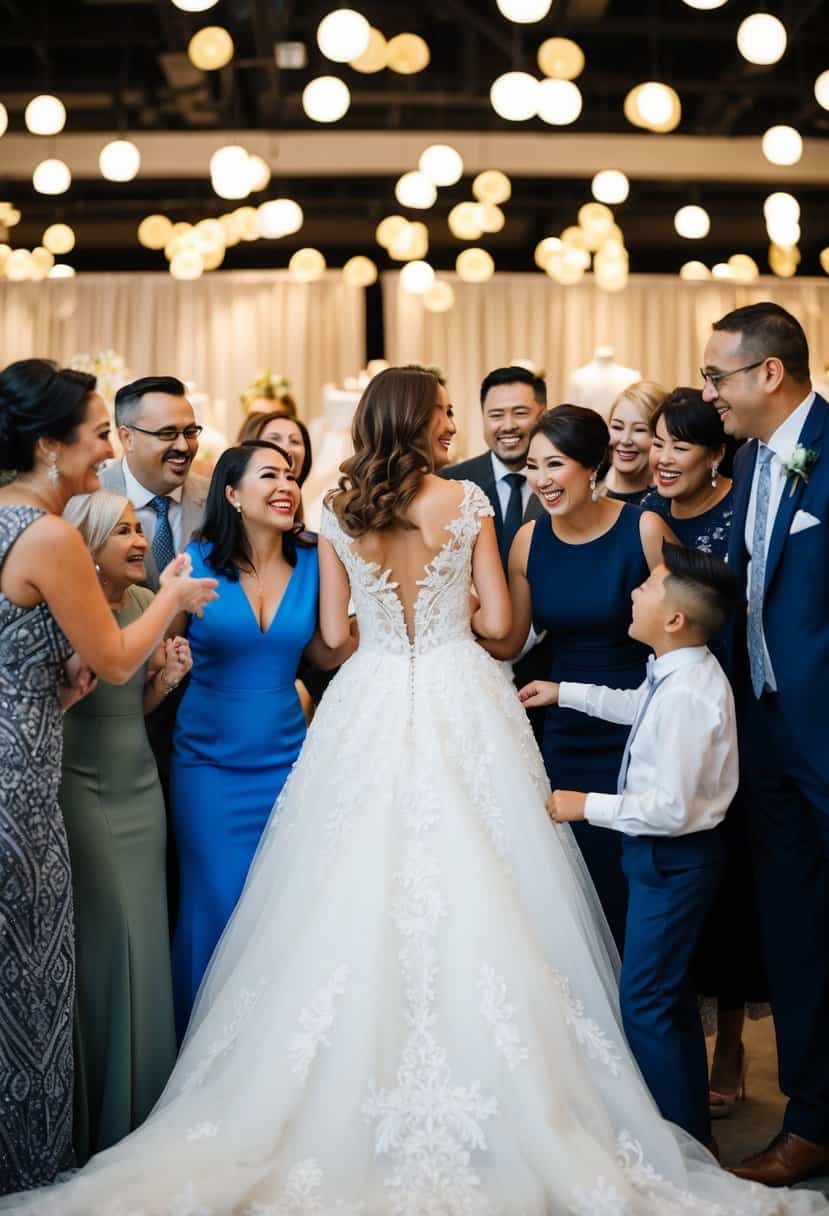 A joyful group of friends and family gather around a stunning wedding gown on display, admiring its intricate details and elegant design