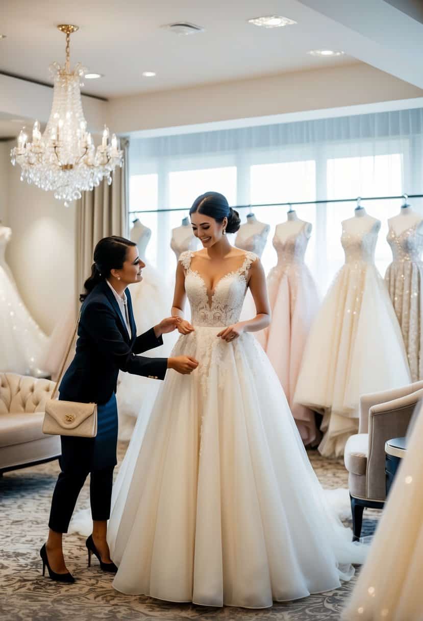 A woman's gown is being purchased in a luxurious bridal boutique, with a salesperson assisting the buyer in making the final decision