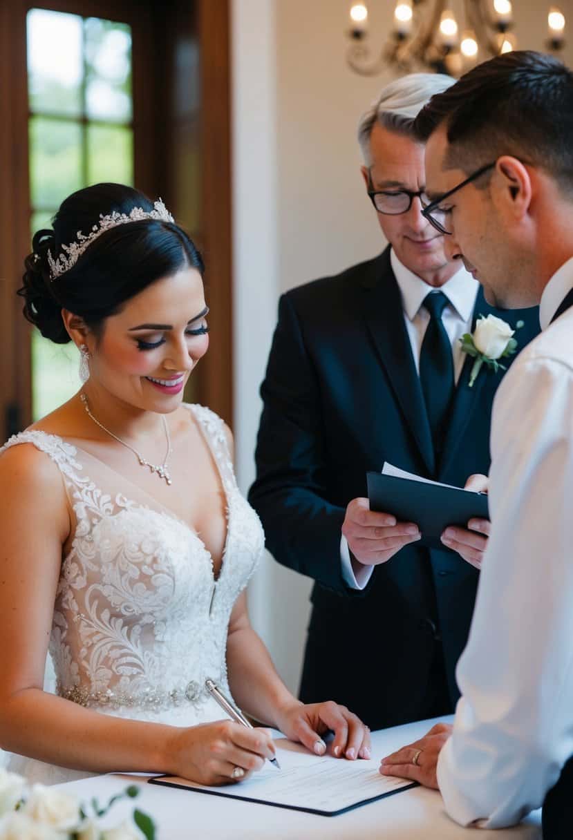 A bride signing marriage license with officiant and finalizing wedding details