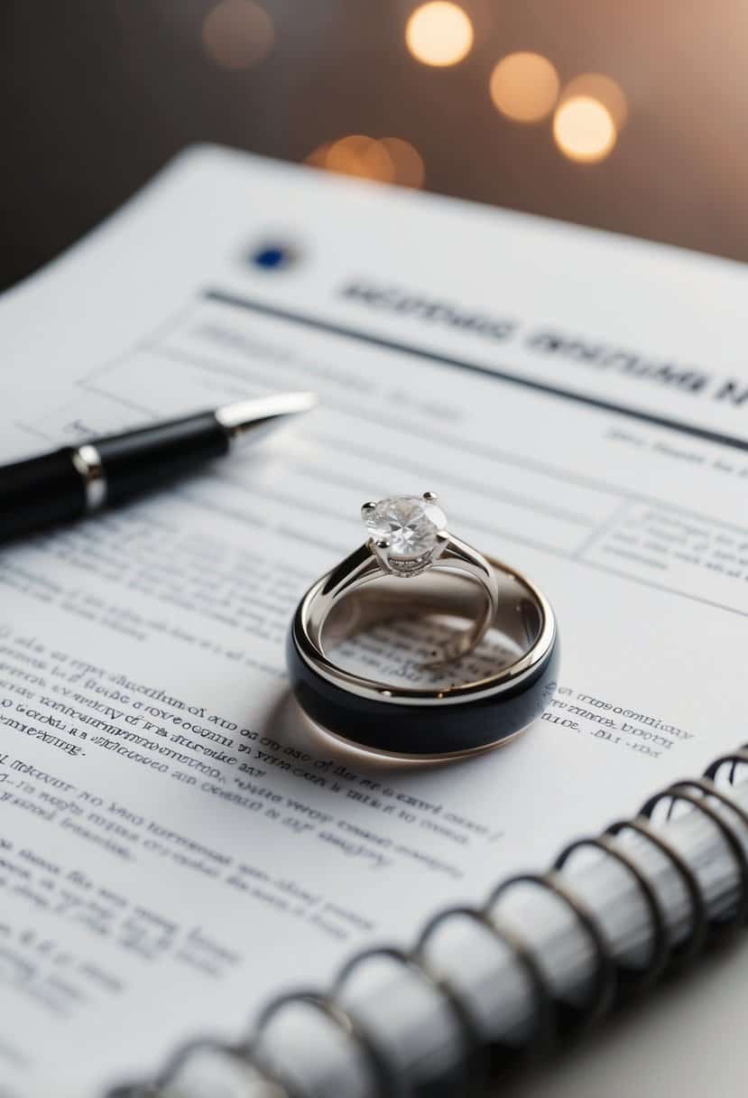 A wedding ring placed on a legal document with a pen beside it