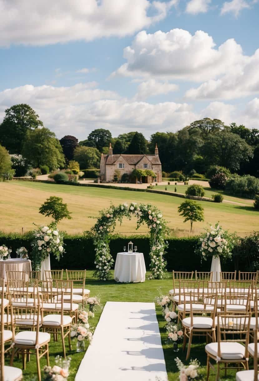 A picturesque English countryside wedding venue with a charming ceremony set up