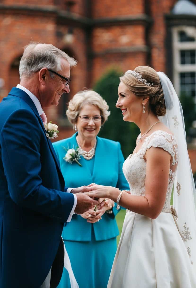 A traditional British wedding scene with the bride's parents contributing financially