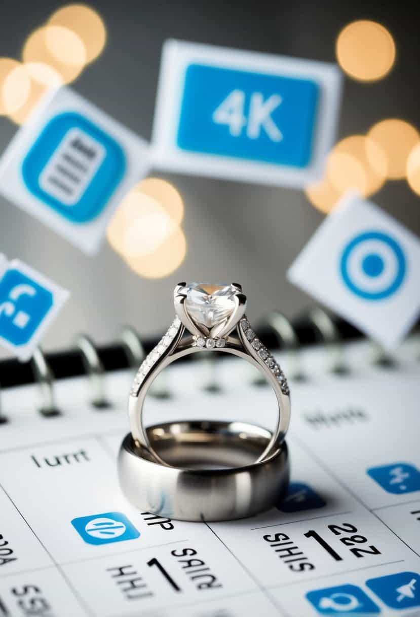 A wedding ring resting on a calendar, surrounded by symbols of modern life and technology