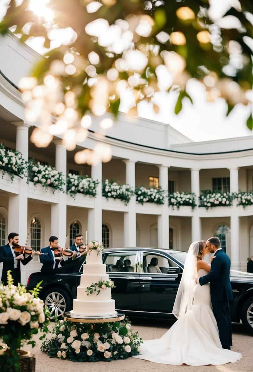 A grand wedding venue with floral decorations and a tiered wedding cake, accompanied by a string quartet and a luxury car for the couple's departure