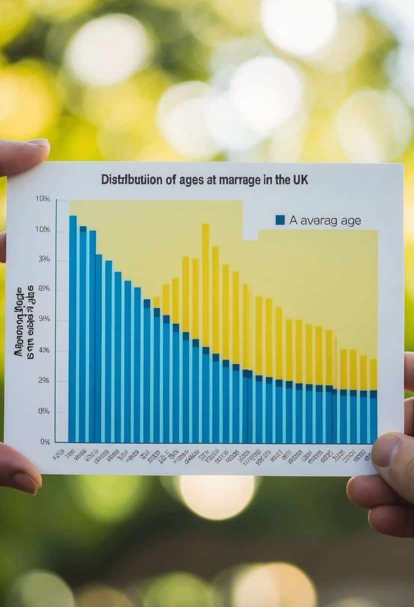 A graph showing the distribution of ages at marriage in the UK, with the average age highlighted